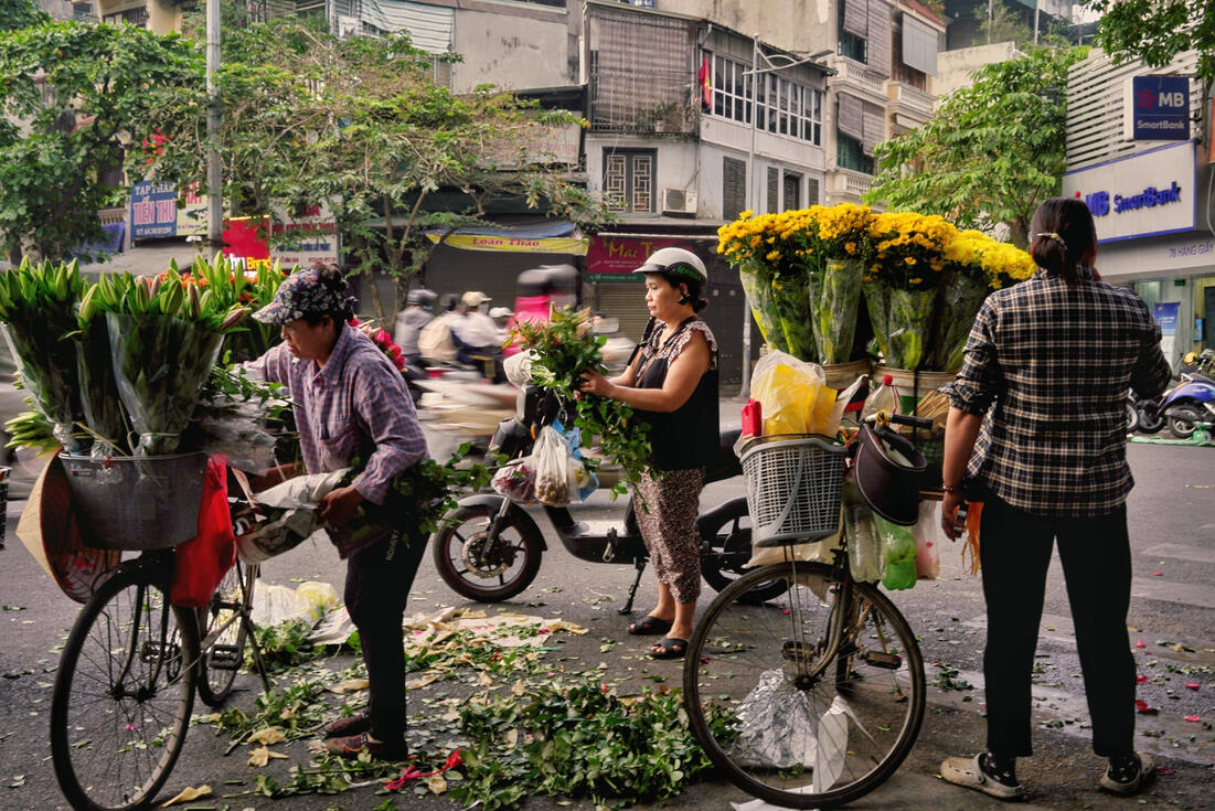 Flower vendors with laden bicycles on a Hanoi street Flower vendors with laden bicycles on a Hanoi street